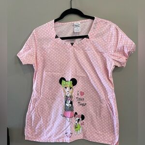 Light Pink Disney Minnie Mouse themed Scrub top. Size Medium